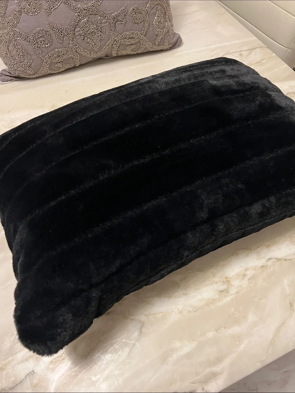 2 Decorative Throw Pillows: High-end, Gorgeous! Beaded Silver-Gray & Black “Fur”